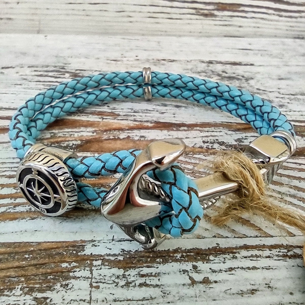 Leather Bracelet For Man -Turquoise Braided Anchor Bracelet